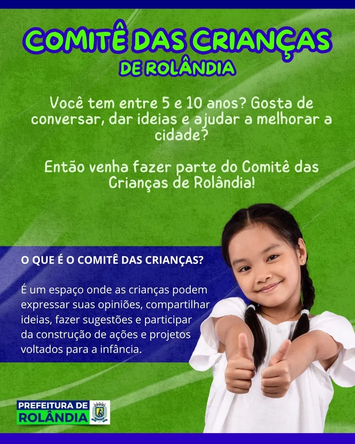 Rolândia abre inscrições para Comitê das Crianças e convida pequenos a participar de decisões sobre a cidade