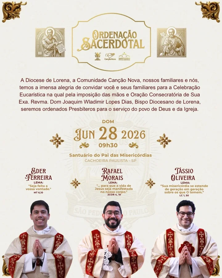 Canção Nova ordena três novos sacerdotes em celebração no Santuário do Pai das Misericórdias
