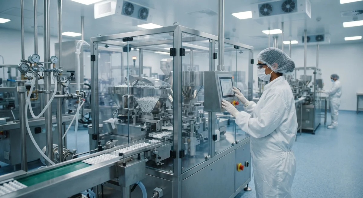 [Imagem gerada por IA] Laboratório de produção farmacêutica moderno com equipamentos de alta tecnologia em tons de azul e branco.