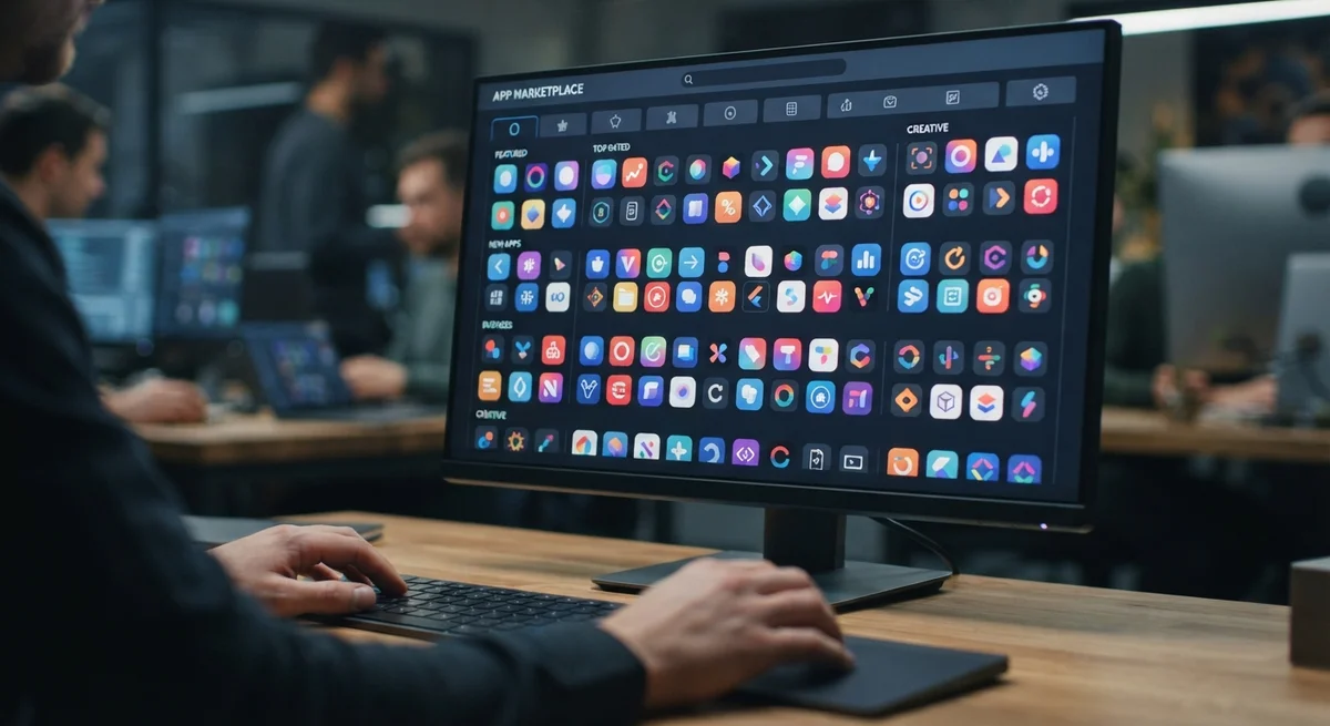 [Imagem gerada por IA] Representação visual abstrata de dispositivos Android e múltiplas lojas de aplicativos interconectadas.