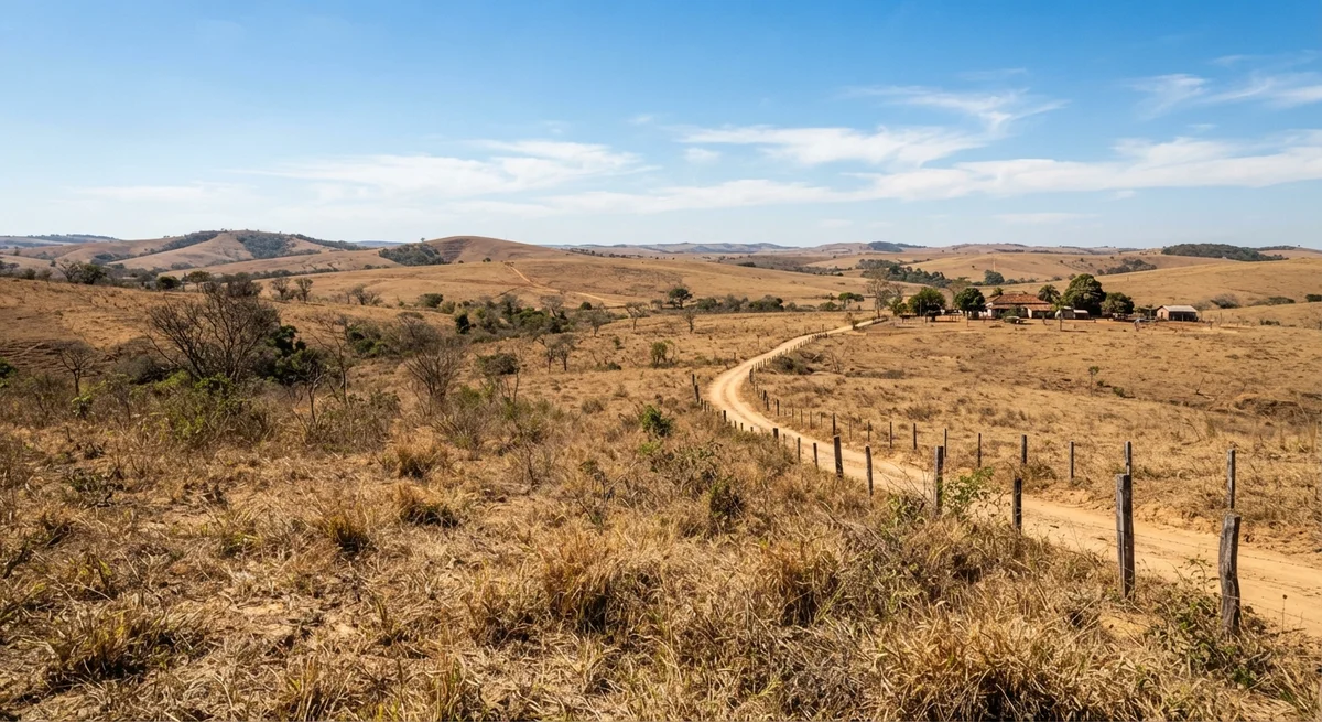 [Imagem gerada por IA] Paisagem de um campo ensolarado com céu azul limpo em um dia de inverno, indicando tempo seco e quente.